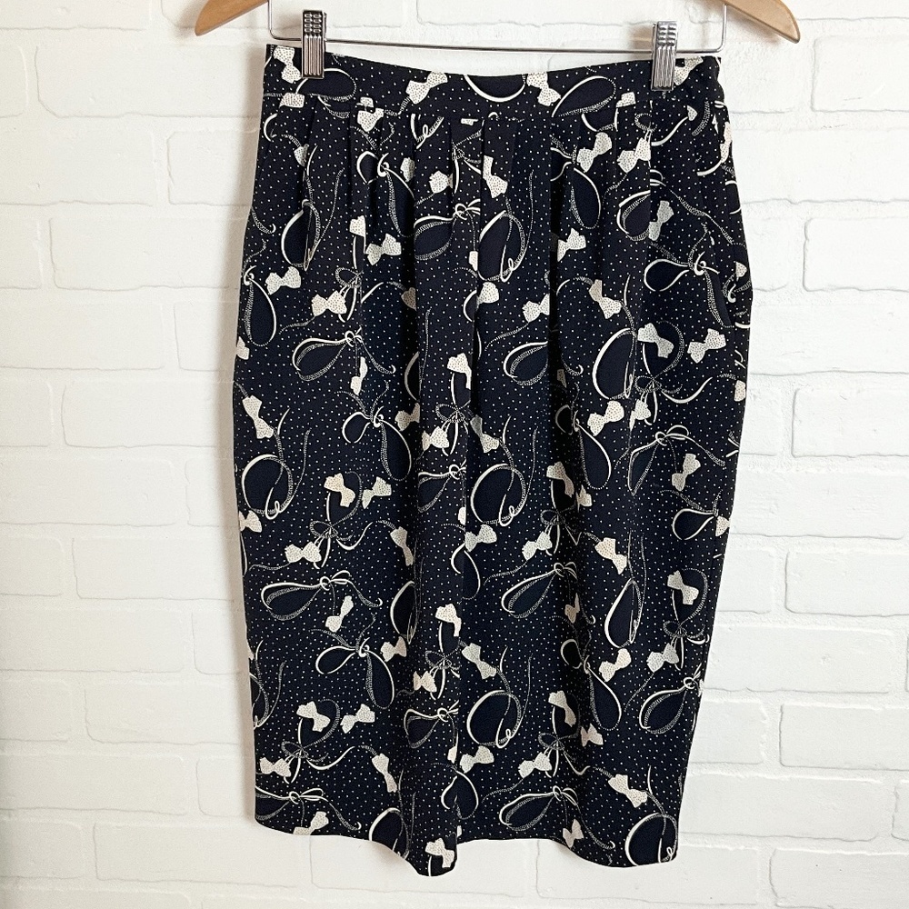 Vintage Midi Skirt Bows Print Navy/Cream Polka dot pockets Pleated Coquette 9/10